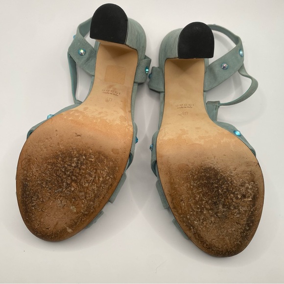 Gucci Jacquelyne Suede T-strap Heels with Crystal Accents - Picture 10 of 11